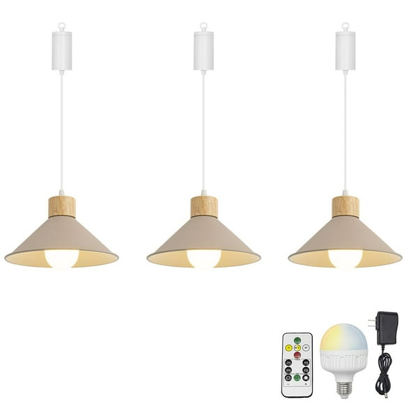 FSLiving Pendant Light with Rechargeable Battery Operated LED Bulb RGB Mode Dimmable Timing Lamp Adjustable Wire Length Hanging Light Vintage Khaki Metal Shade E26 Wooden Base for Depot - Set of 3