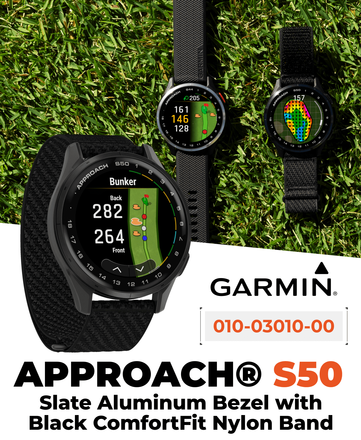 Garmin Approach S50 Golf GPS Smartwatch Slate Aluminum Bezel with Black ComfortFit Nylon Band with Wearable4U Power Bank Bundle