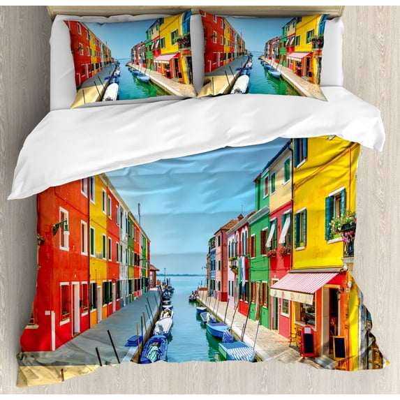 City Love Duvet Cover Set Queen Size, Sea View with Colorful Buildings Urban Life Composition with Boats Photography, Decorative 3 Piece Bedding Set with 2 Pillow Shams, Multicolor, by Ambesonne