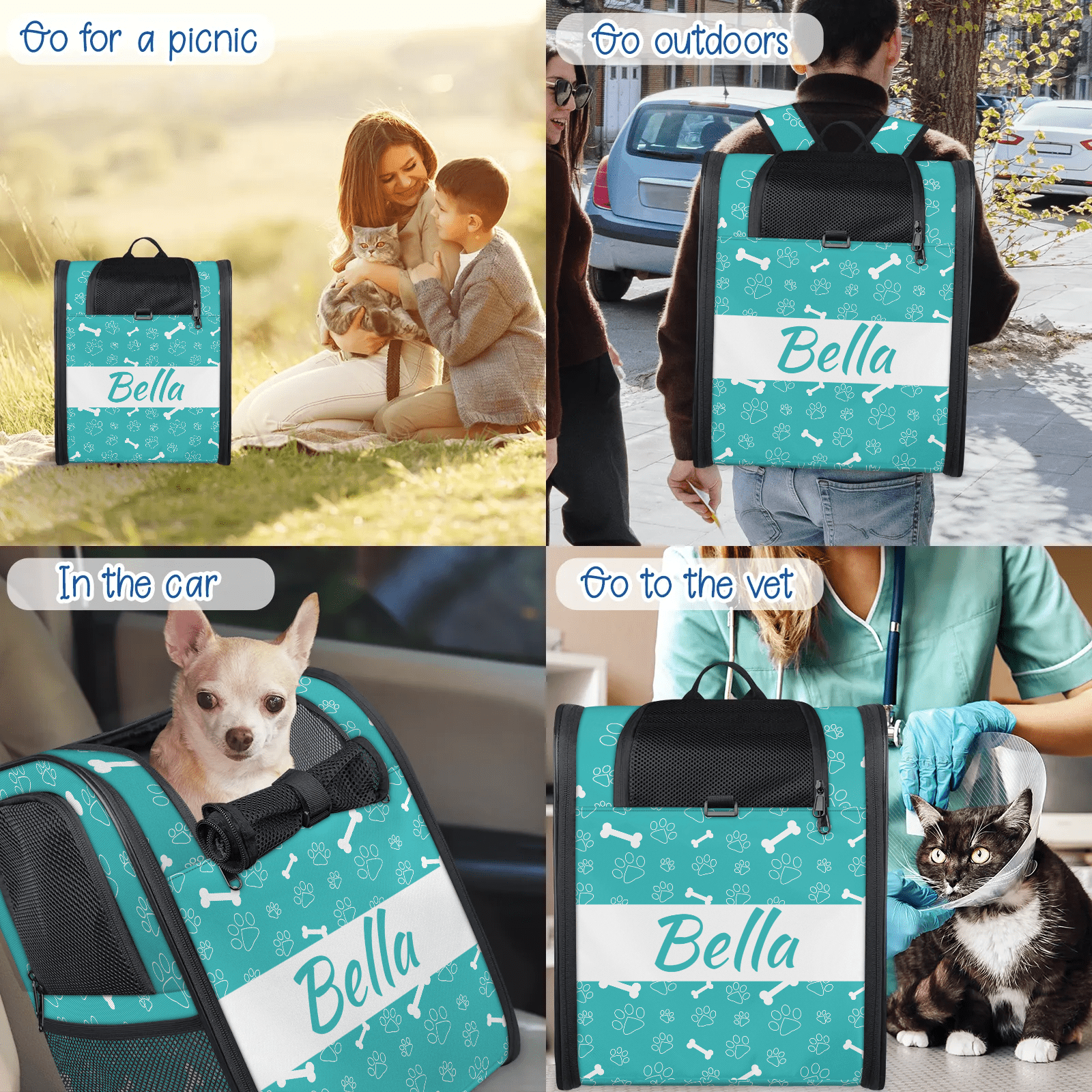 Customized Pet Carrier Backpack with Name,Dog Carrier Backpack for Small Dogs Cats Puppies,with Breathable Mesh, Pockets,Removable Mat,Hold Pets Up to 13 Lbs for Hiking, Travel, Outdoor