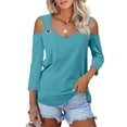 thumbnail image 3 of LQCMBYF Ladies Summer Tops Tops V Neck 3/4 Sleeve Shirts Casual Blouses Cold Shoulder Tops Basic Tees Floral Print Tshirts Spring Tops 2024 Trendy (Sky Blue,L), 3 of 5