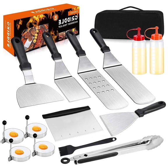 Anoak 14PCS Griddle Accessories Kit, Flat Top Grill Accessories Set for Blackstone and Camp Chef, Grill Spatula Set with Enlarged Spatulas, Scraper for Outdoor Barbecue