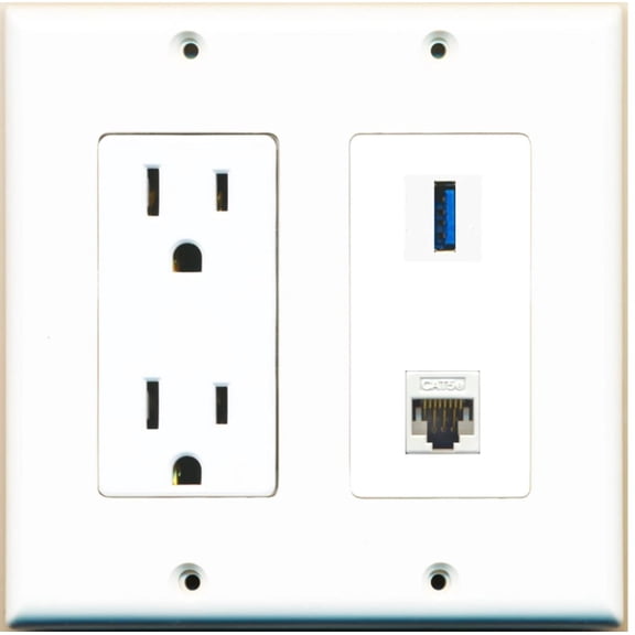 Ultra Spec Cables 1 Port USB 3.0 A-A Cat5e Ethernet Wall Plate w/Power Outlet