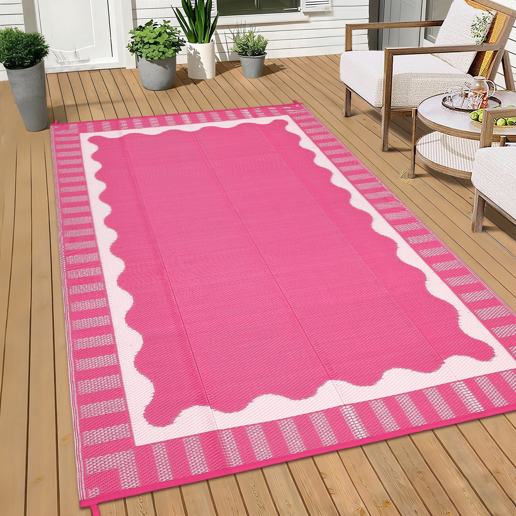 Garvee 8x10ft Outdoor Rug Modern Simple Reversible Area Rug, Plastic Straw Rug Waterproof Outdoor Carpet with Bordered Design for Patio Backyard Camping Beach RV Porch, Rose Red