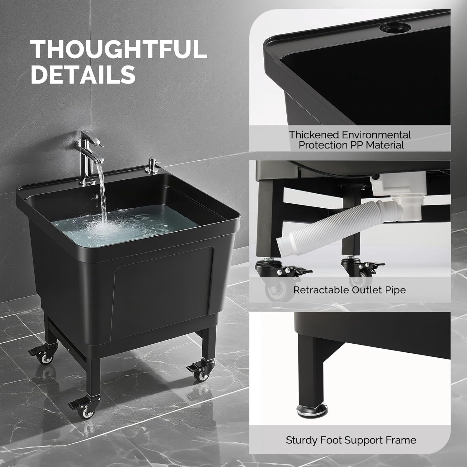 ROVSUN Commercial Mop Sink on Wheels, Plastic Floor Mop Slop Sink, Black Freestanding Mobile Utility Sink for Restaurant, Office, Business, Outdoor, Indoor Use, 19.7L x 18.8W x 22.3H inch