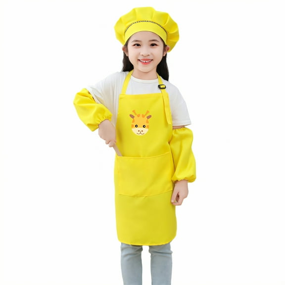AUQ Kids Chef Hat and Apron,Form-Fitting Style Toddler Apron,Polyester Fabric Texture Waterproof Apron,Yellow1