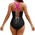 thumbnail image 4 of One Piece Bathing Suit for Women Tummy Control V Neck Slimming Halter Swimwear Ladies Color Block Swimsuit Beachwear Black S, 4 of 8