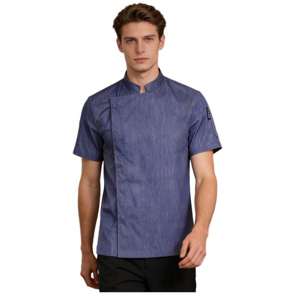 Aislor Mens Short Sleeve Chef Coat Solid Color Kitchen Cook Uniform Jacket Canteen Bakery Shirts Blue L