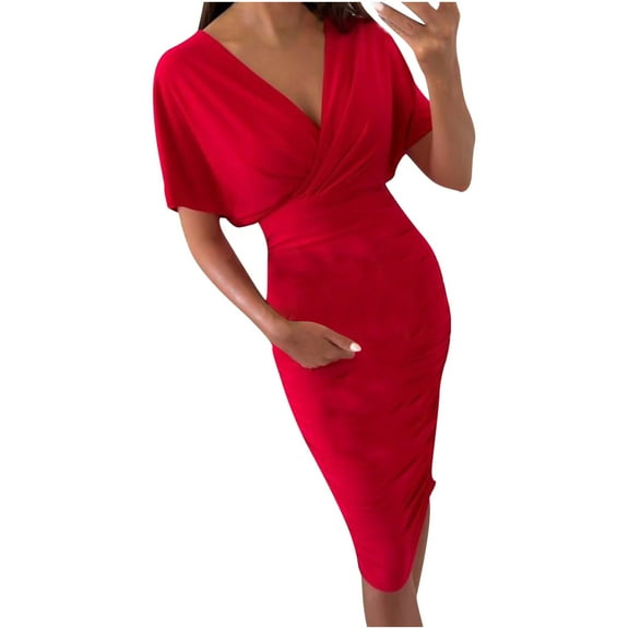 LLYwey formal Wedding Guest Dresses for Women Summer Solid V-Neck Short Sleeve Hip Wrap Dresses New Bridesmaid Dresses Red M