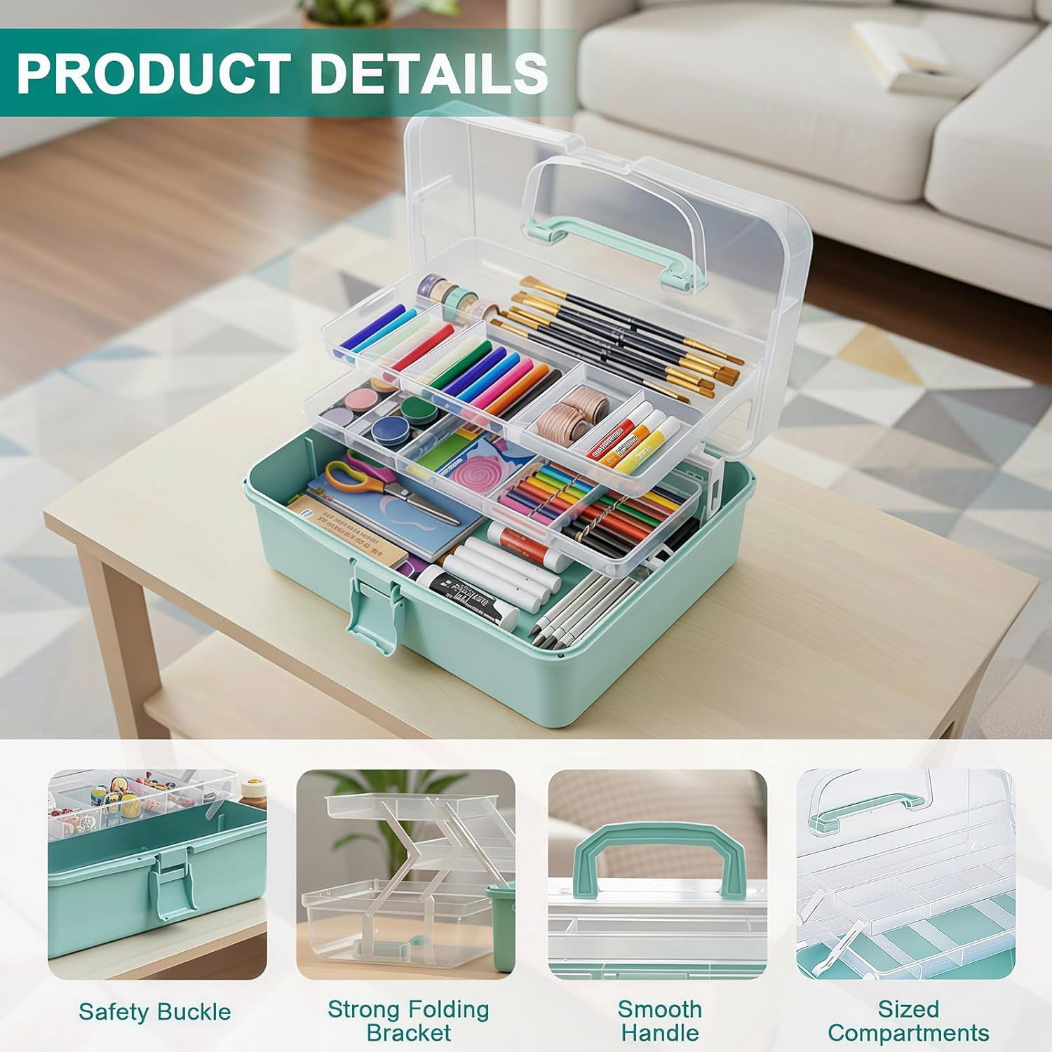 Craft Storage Box 3-Layer Plastic Organizers and Storage, Portable Art Supply Organizer with Handle, Dividing Organizer, Folding Arts Crafts for Sewing, Medicine, Tool