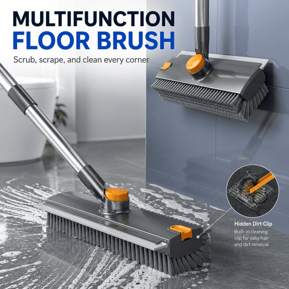 3-in-1 Floor Scrub Brush with Long Handle, Double-Sided Stiff Bristles & Squeegee, Heavy-Duty Scrape & Scrub Brush for Shower, Bathroom, Kitchen, Patio, Garage, Wall & Deck