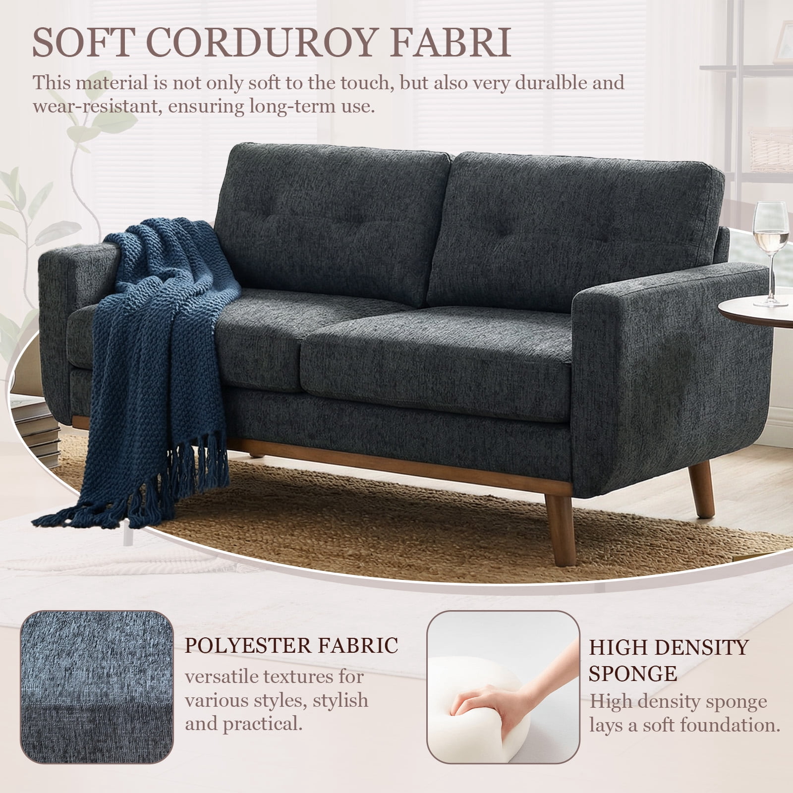 MOONMISS 67" Velvet Loveseat Couch, Modern Small Sofa With Walnut Wood Legs 2-seater Fabric Upholstered Mini Sofa Couches For Small Space,living Room Bedroom Office Dorm Apartment,