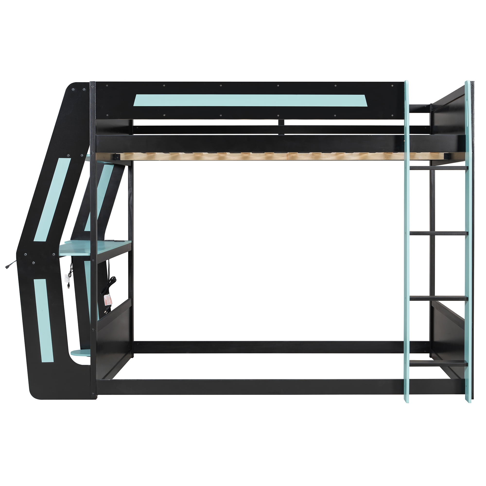 Aukfa Full Over Full Gaming Bunk Bed with Desk, USB Charging Station & LED Lights, Heavy-Duty Wood Esports Loft Bed Frame, Blue