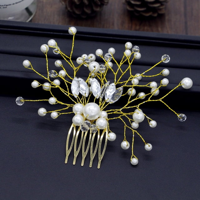 Nvzi Horquillas para el pelo de boda con flores para novias, peinetas con perlas de cristal, pinzas para el pelo, tocado, accesorios para el pelo de boda dorados, joyas - doradas