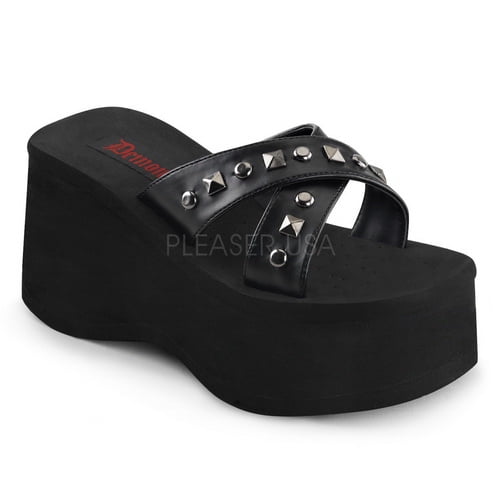 Demonia FUNN-29 - 3 1/2" Eva Pf, Criss Cross Slide with Metal Pyramids & Studs-Blk Vegan Leather-8