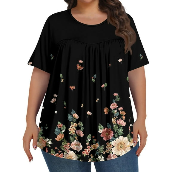 TQWQT Plus Size Tops for Women 4x-5x Short Sleeve Tees Floral Print Blouses Crew Neck Shirt Summer Casual Tunics Blouses Watermelon Red L