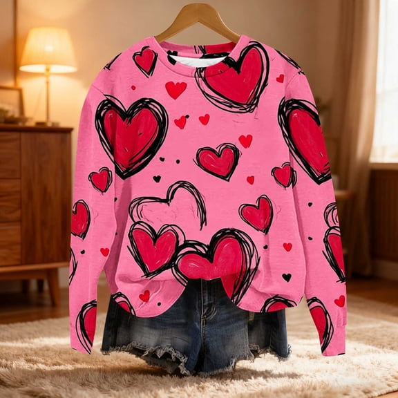 PiGOGI Printed Loose Sweatshirt for Women - Long Sleeve Plus Size Valentine's Day Top Wine XL