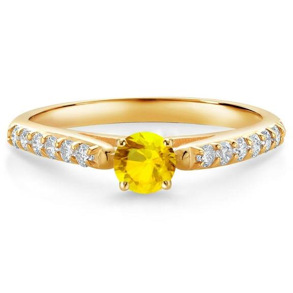 Gem Stone King 10K Yellow Gold Yellow Sapphire and White Lab Grown Diamond Engagement Ring for Women (0.54 Cttw, Gemstone September Birthstone, Round 4MM, Size 9)