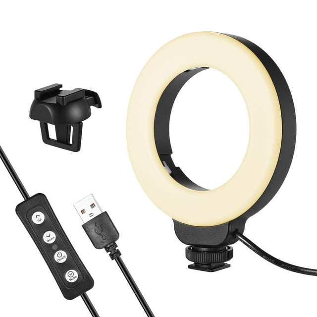 Mini Lampe de Conférence Vidéo 4 Pouces Anneau LED Clip-on pour Ordinateur Portable 3 Modes 3200K-6500K Dimmable Alimenté par USB avec Adaptateur de Montage Froid pour Diffusion en Direct Réunion Éducative en Ligne