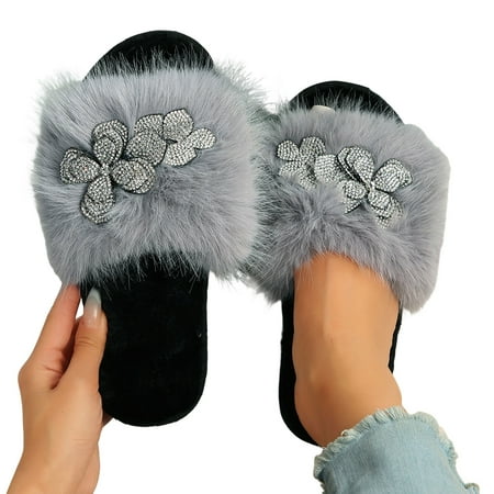 

GHSOHS Open Toe Fuzzy Slippers for Women Fall Winter Indoor Outdoor Hairy Slippers Flower Rhinestone Non Slip Thick Bottom Home Shoes
