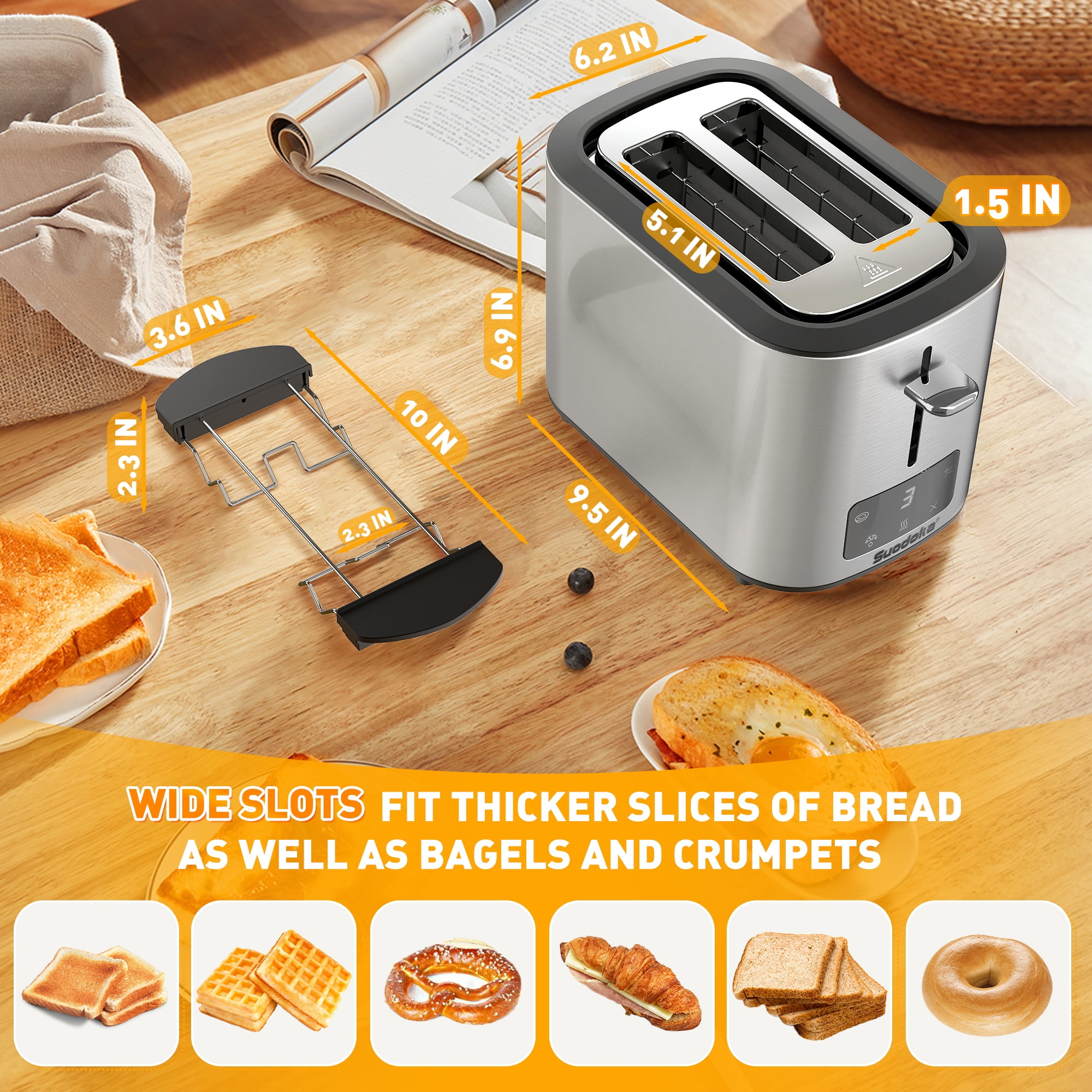 Suodoka Toaster 2 Slice Wide Slots, Touchscreen 6 Shade Settings,Bagel Defrost Reheat Cancel New