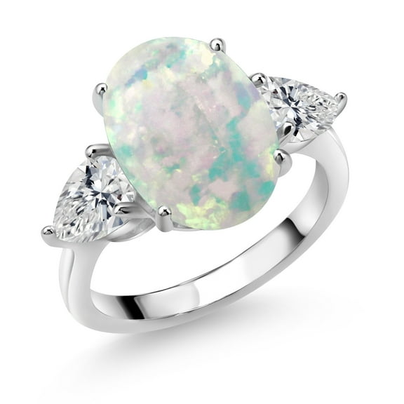 Gem Stone King 925 Sterling Silver White Opal and Lab Grown Diamond Engagement Ring for Women | 5.54 Cttw | Oval Cabochon 14X10MM | Gemstone October Birthstone | Size 8