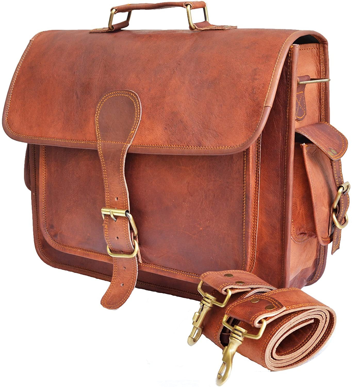 Jaald 16" Leather Messenger Bag Satchel Crossbody Laptop Briefcase Shoulder Bag Gift for Men Women Office Travel Side Purse