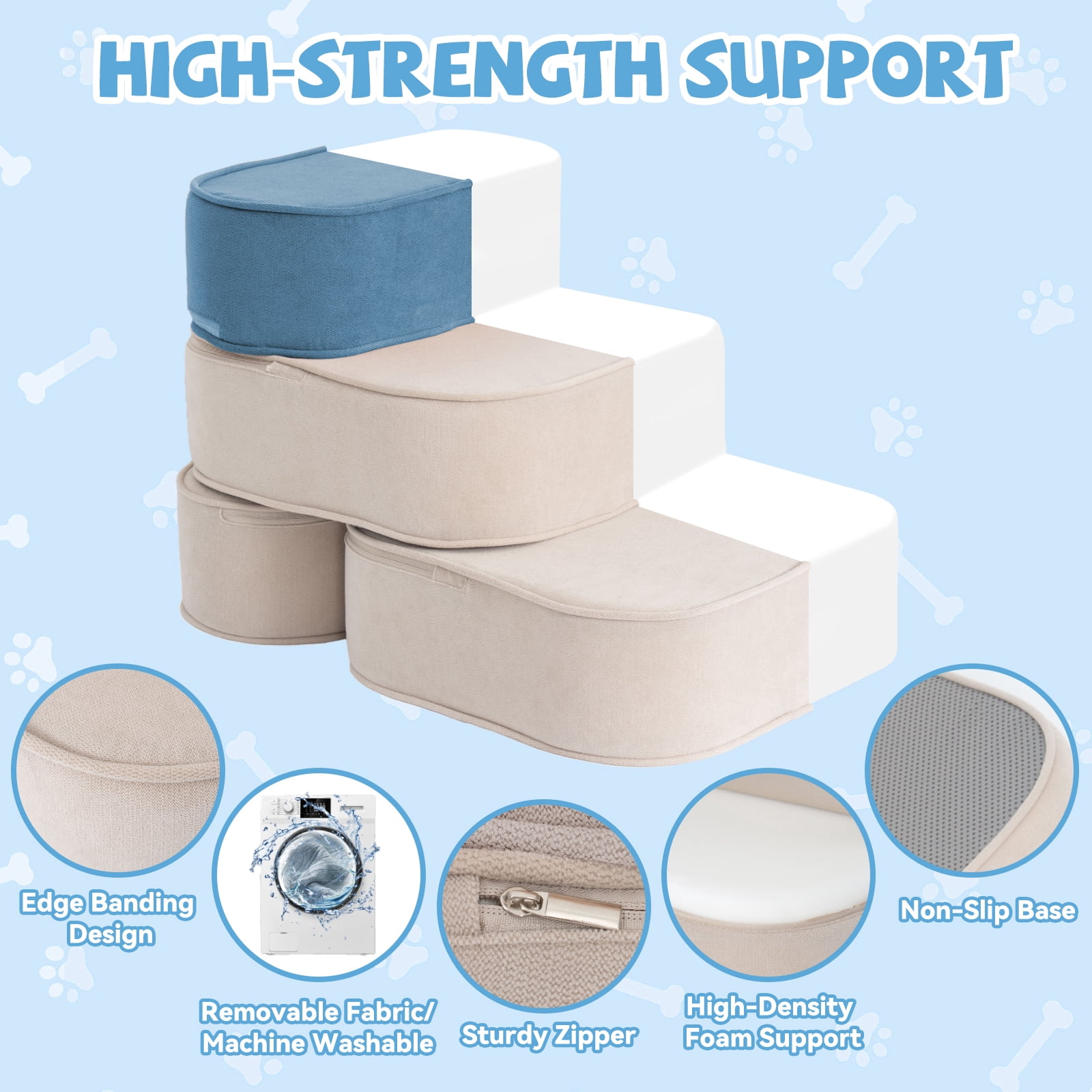 Dog Stairs for Small Dogs 17.7" H, 2-in-1 Convertible 3-Step Pet Steps for High Bed & Couch, High Density Foam Dog Ramp with Non-Slip Bottom, Safe for Puppies, Senior Dogs & Cats