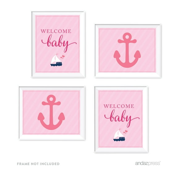 Pink Girl Nautical Baby Shower Party Signs & Graphic Decorations, 4-Pack