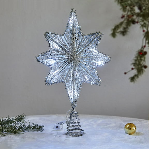 16.5-Inch LED Snowflake Tree Topper, Silver Metal Christmas Tree Top Star with Hollow 3D Design, Battery Operated (AA Batteries Not Included) Silver