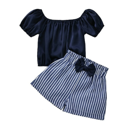 

Summer 2pcs Toddler Girls Clothes Sets 1-6Y Short Sleeve Off Shoulder T Shirts+Striped Print Shorts
