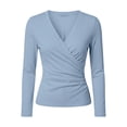 thumbnail image 2 of GILIGEGE Women Wrap V Neck Long Sleeve T Shirt,Soft Stretchy Ruched Fitted Blouse,Casual Solid Color Surplice Front Slim Fit Tops,Crisscross Waist,2026 Fall Fashion Going Out Outfits Light Blue S, 2 of 5