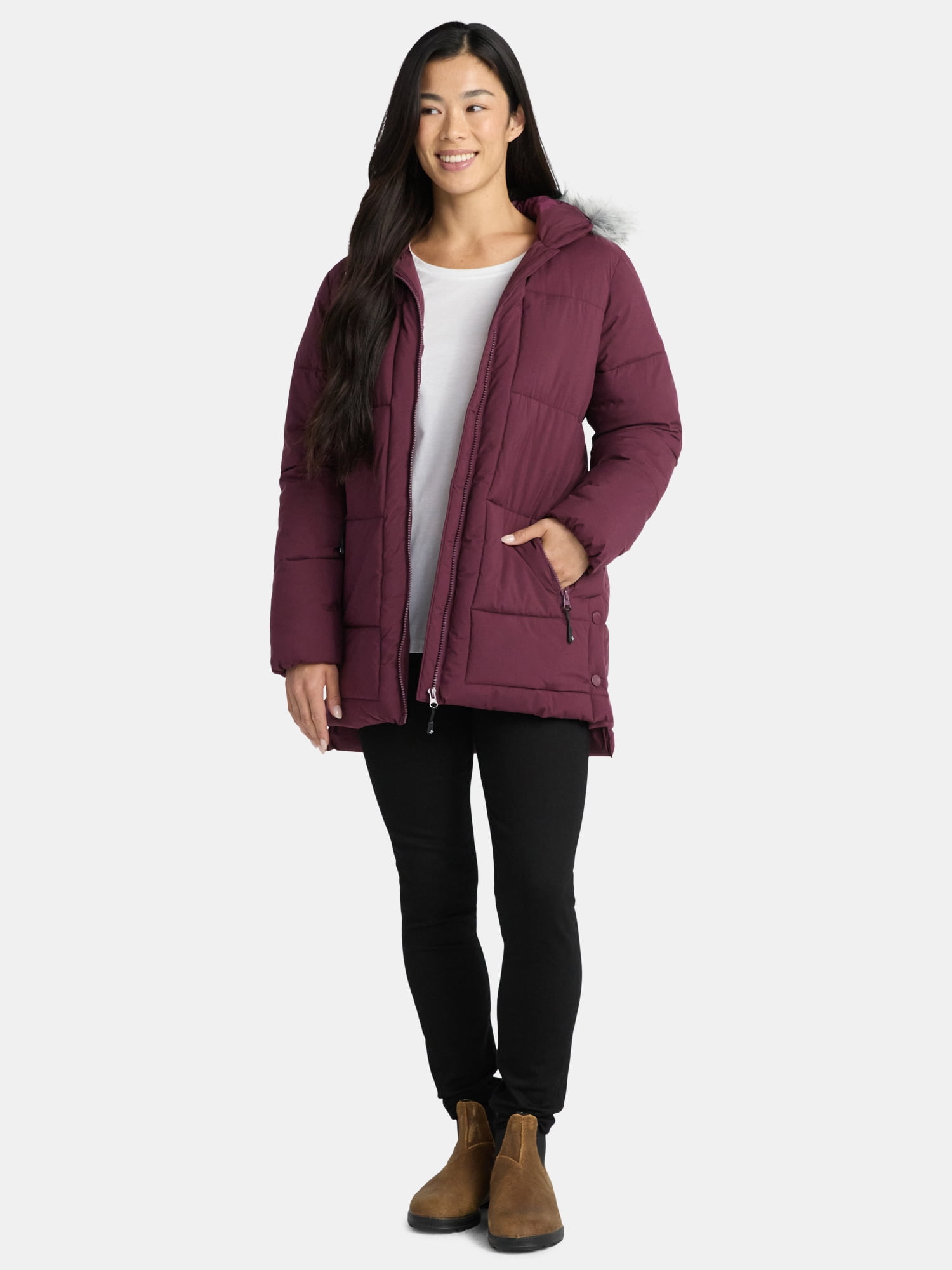 Big Chill Women's Wide Quilted Puffer Coat with Faux Fur Trim Hood, Sizes S-XL