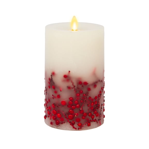Luminara Moving Flame Red Berry Inclusions LED Pillar Recessed Edge Smooth Wax Unscented (6.5-inch)