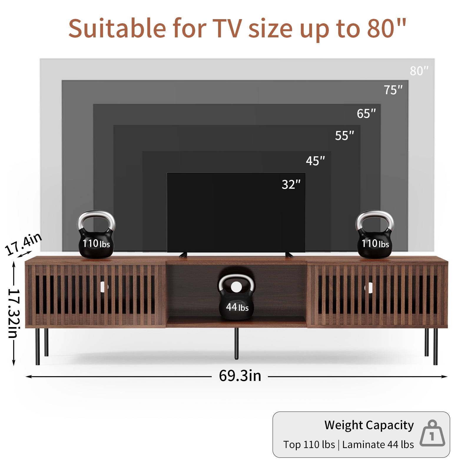 Hommpa TV Stand for 55/65/75/80 inch TV with 2 Slatted Doors, Mid Century Modern TV Console for Living Room Bedroom, Storage Cabinets Open Shelf Entertainment Center for Gaming Media Console, Walnut