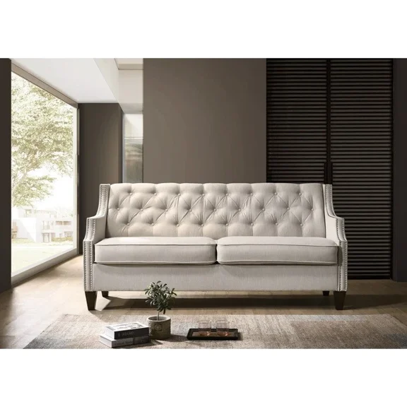 Stylish Living Room Upholstered Sofa with Tufted Back, Contour Arm Design Nailhead Accent Sofa Couch, Beige