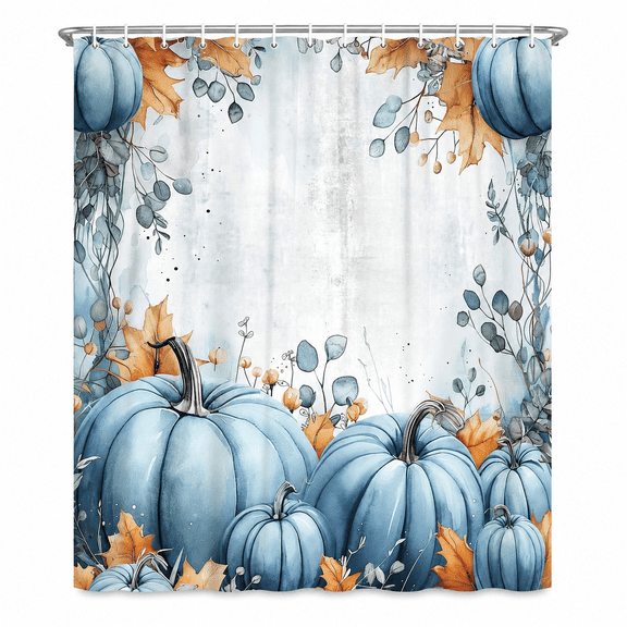 Fall Shower Curtain Blue Pumpkin Shower Curtains for Bathroom Decor Floral Leaves Autumn Bath Curtains Sets with Hooks for Autumn Thanksgiving Seasonal Decor Polyester Waterproof Standard 72" X 72"