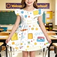 thumbnail image 2 of Rggeeun Baby Girls Dresses Back-to-School Themed Cartoon Cute Graphics Print Fly Sleeve Crew Neck A Line Knee Length Waist Draping for Summer Fall Summer Outdoor Kawaii Playwear,White,5-6 Years, 2 of 6