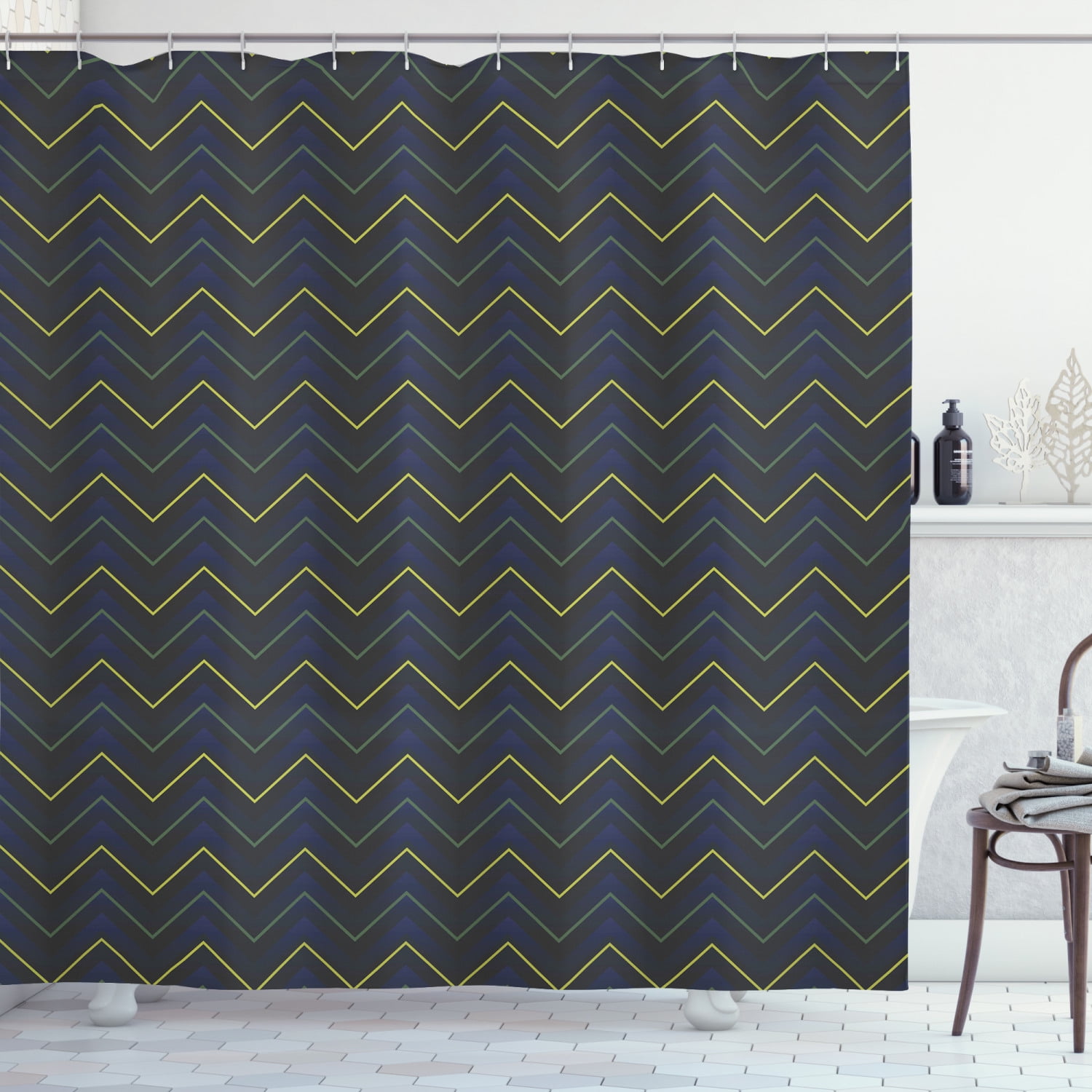 Ambesonne Dark Blue Shower Curtain, Chevron Neon Effect, 69"Wx70"L