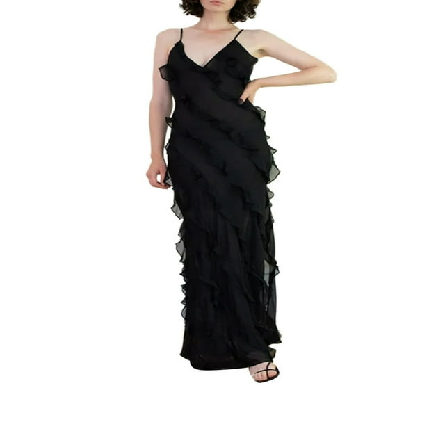 Women‘s Elegant Evening Long Prom Dress V-Neck Backless Ruffle Split Maxi Gown for Beach Party Wedding