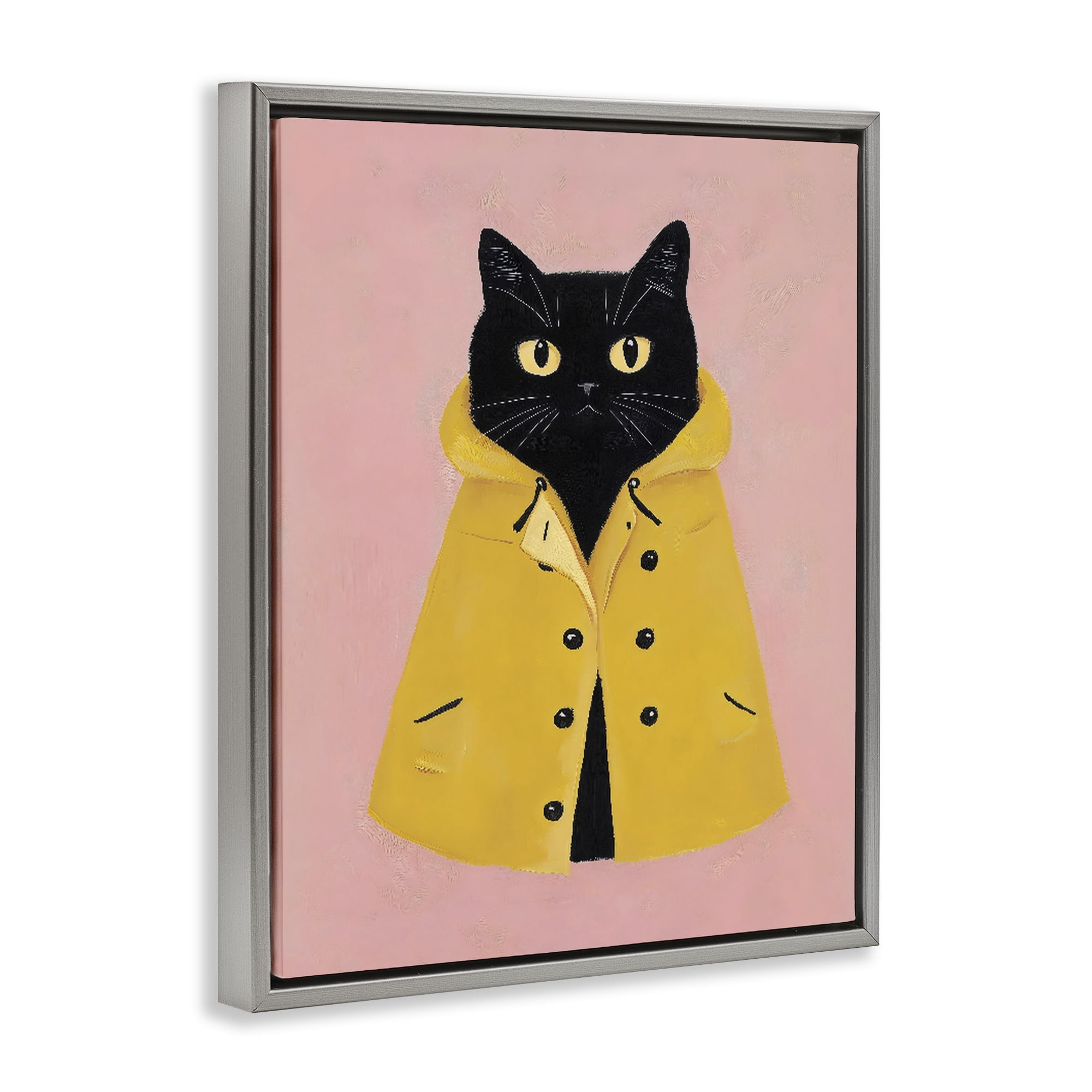Stupell Industries Black Cat in Yellow Raincoat Gray Framed Floater Canvas Wall Art, design by The Prints Vibe