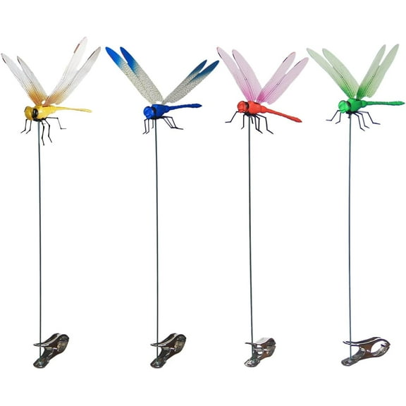 GuanFun 4PCS Realistic 3D Dragonfly Garden Stakes -Dragonfly Clip Bug Repellent, Weatherproof Outdoor Decor for Yard, Patio & Hats, Hummingbird Attractor & Fly Deterrent