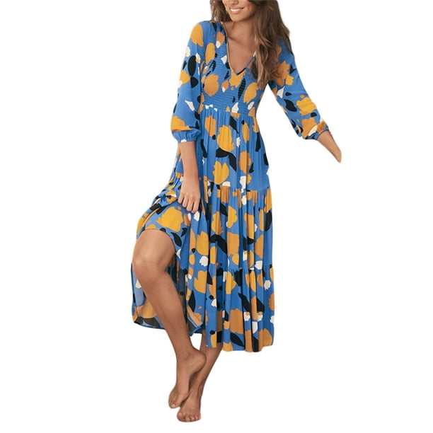 TRKIYQC Vestido largo bohemio para mujer, casual, floral, cuello en V, manga 3/4, para fiesta en la playa, vacaciones TRKIYQC moda