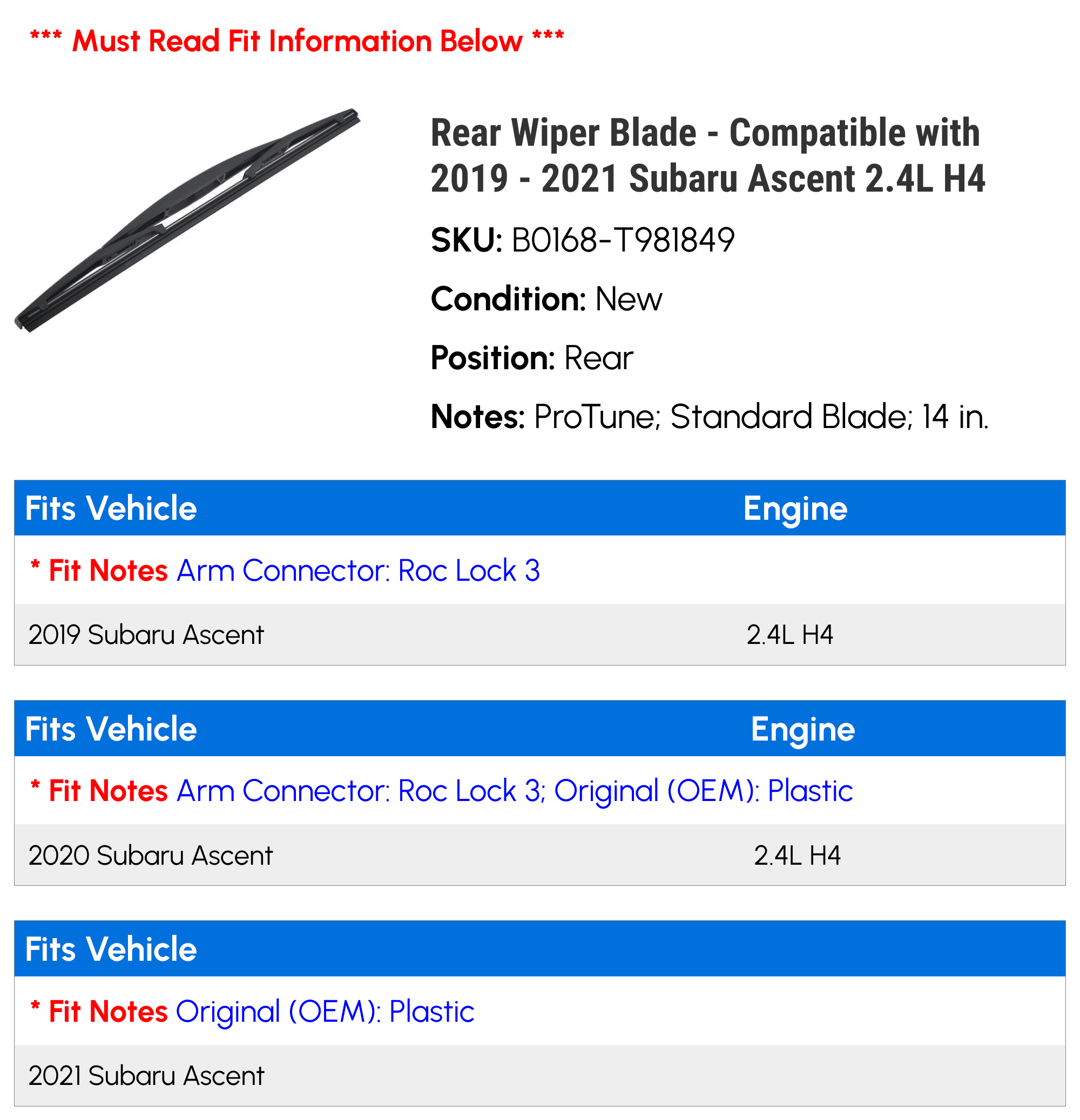Rear Wiper Blade - Compatible with 2019 - 2021 Subaru Ascent 2.4L H4 2020