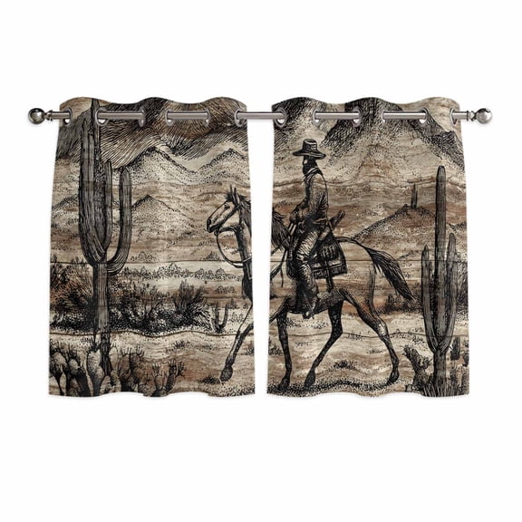 Brown Western Farmhouse Kitchen Curtains Window Panels, Vintage Cowboys Cactus Insulated Window Treatment Curtain, Grommet Curtains for Bedroom/Living Room/Bathroom, 2 Piece 42"Wx45"L