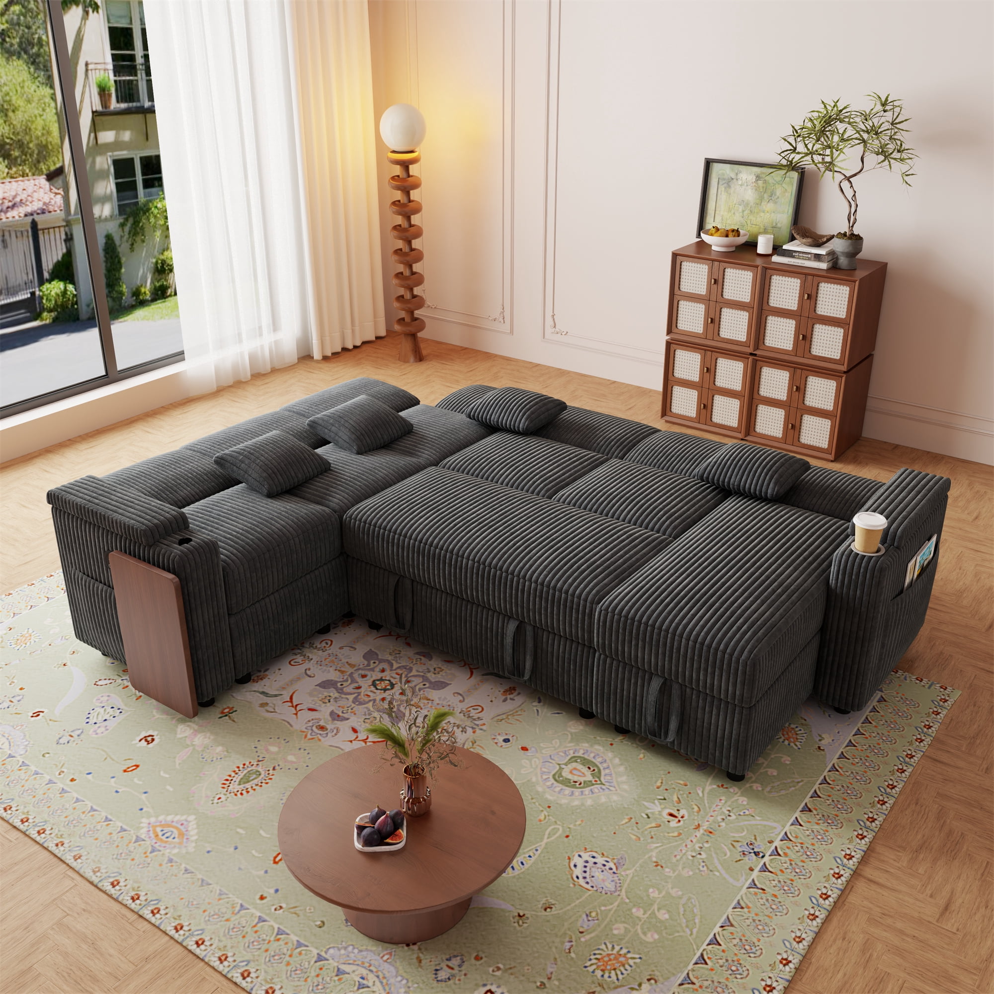 Aukfa 6 Seat L shape Sectional Couch Convertible Sofa Bed with USB &Cupholder Arm Storage Console, Floating Desktop, 4 Pillows, Corduroy, Dark Gray