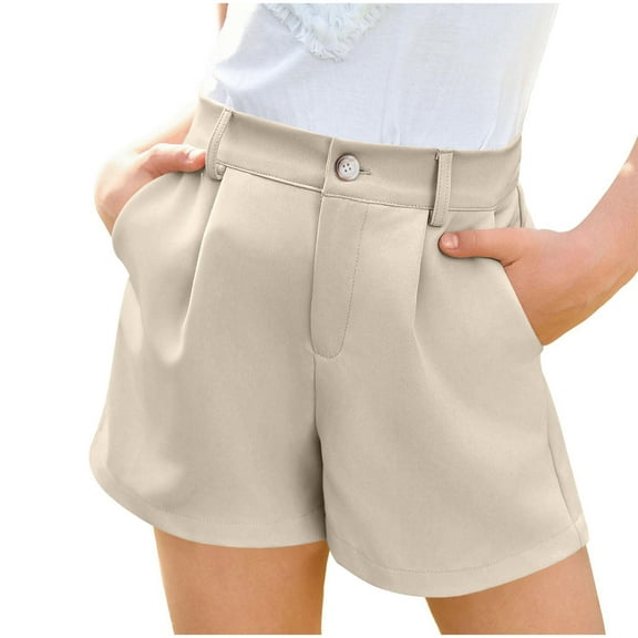 Kilaqueen Girls Dressy Suit Shorts Kids Summer Elastic Waist Wide Leg Casual Uniform Shorts High Waisted Flat Front Button Zipper Formal Shorts with Pockets 4-15 Years
