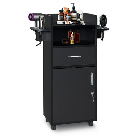 IVV Salon SPA Beauty Hairdressing Cart, Salon Station Storage Trolley with 1 Drawer, 6 Hairdryer Holder Holes; Open Shelf, Rolling Wheels, Lockable Door and 2 Keys (Black)