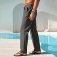 thumbnail image 3 of Wyobmus Men's Linen Pants Beach Casual Cotton Summer Straight Leg Pants Solid Color Lightweight Elastic Waist Drawstring Vacation Trousers with Pockets Dark Gray, 3 of 7