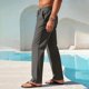 thumbnail image 3 of Pantalones de Cintura Elástica de Verano de Color Sólido Botón Cordón Pierna Recta, Pantalones de Pierna Recta Hombres Bolsillo Casual Salón, 3 of 7